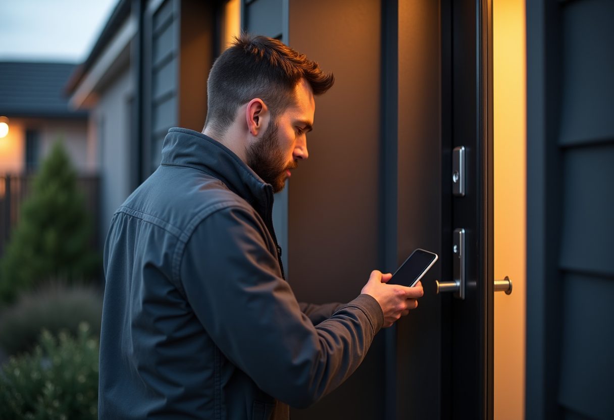 Keypad smart lock being installed on a modern front door — Pymble